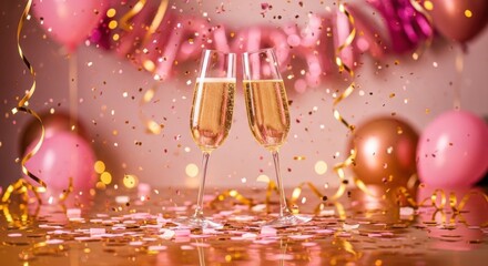 Celebrate with sparkling champagne glasses and pink balloons, perfect for birthdays, weddings, anniversaries, or fun get togethers with friends and family