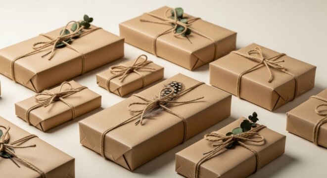 Elegant gifts wrapped in brown paper with twine and natural accents, perfect for holidays, birthdays, celebrations, and curated unboxing experiences