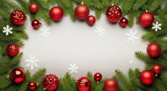 Celebrate a joyous Christmas season with vibrant red ornaments and snowflakes framing your holiday message, perfect for festive greetings and promotions