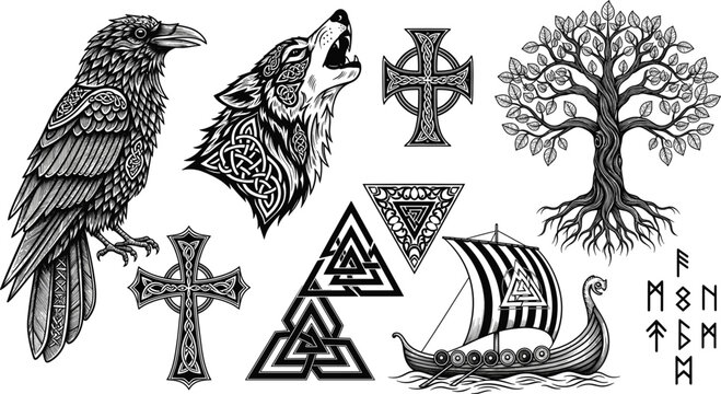 Norse and Celtic Mythology Vector Set: Raven, Howling Wolf with Knotwork, Yggdrasil Tree, Viking Ship, Celtic Crosses, and Runes, for Tribal and Tattoo Art.