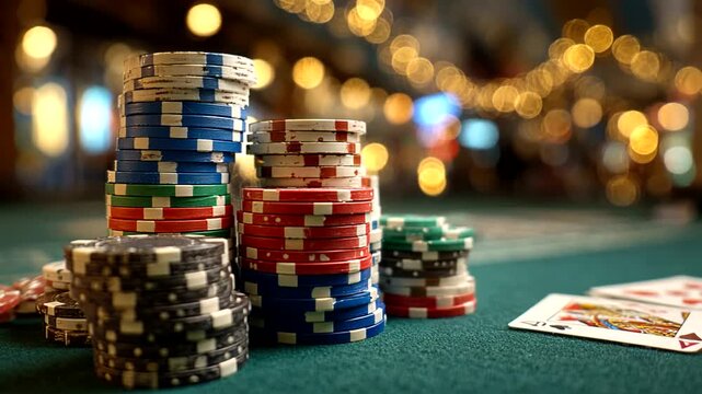 Close-up of stacked poker chips and playing cards on a green felt table in a festive casino