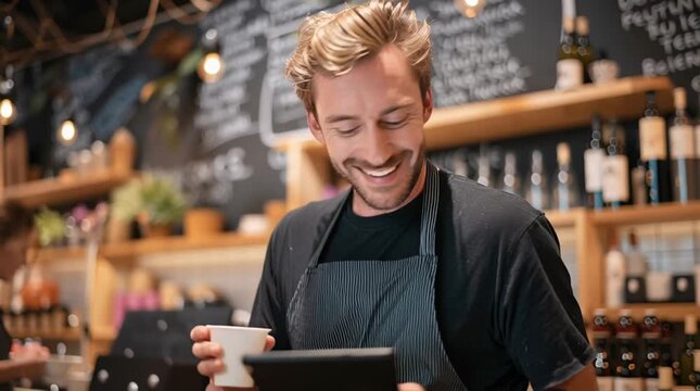 Happy Cafe Owner Smiling While Managing Small Business with Tablet in Modern Coffee Shop