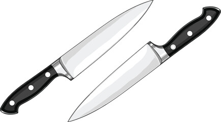 Two Professional Chef Knives Vector Illustration with Stainless Steel Blades and Black Handles, Ideal for Culinary, Cooking, Restaurant, and Kitchen Equipment Graphics
