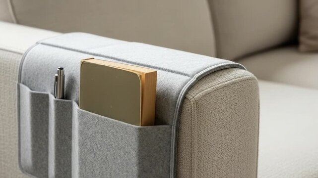Close up of a modern sofa armrest with storage organizer and objects
