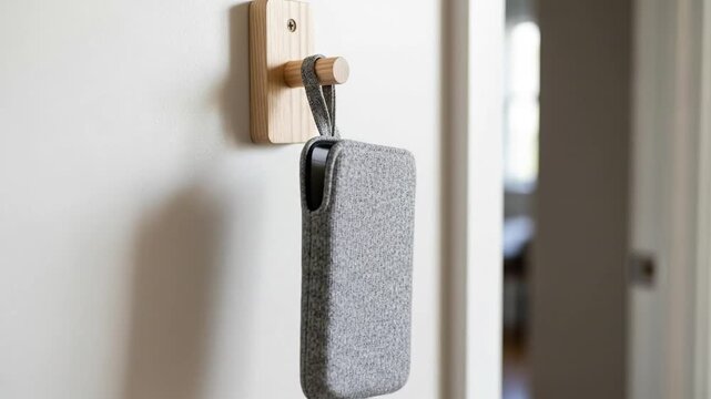 Electronic device hanging on wall with wooden hook in home environment