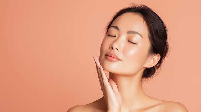 Stunning Asian woman with flawless, glowing skin, eyes closed in serenity, gently touching her jawline on a peach background, for beauty and skincare concepts.