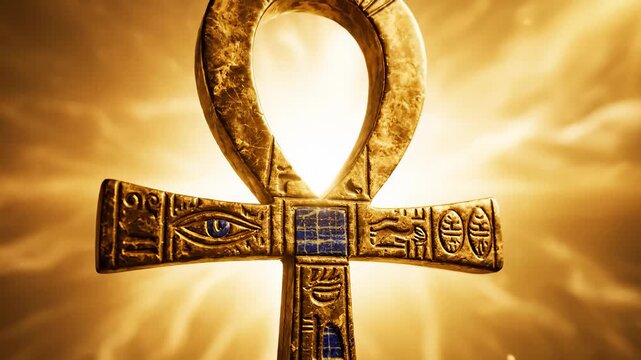 Close Up of Ancient Golden Egyptian Ankh Symbol With Engravings