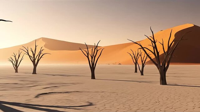 Namibian desert landscape with ancient dead trees casting long shadows across cracked dry earth