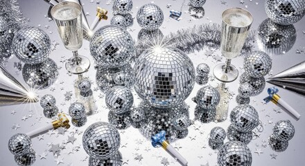 Sparkling celebration scene with disco balls, champagne, and party favors ready for a New Year's Eve bash or festive holiday gathering
