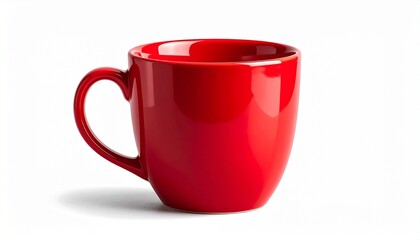 “A glossy red ceramic mug with a rounded handle on a white background.”