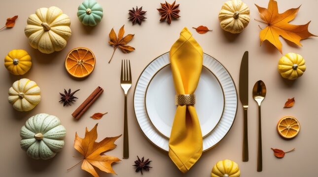 Thanksgiving table setting with elegant gold cutlery and decorative pumpkins, perfect for festive Autumn celebrations and seasonal marketing campaigns