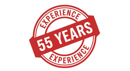Red circular stamp celebrating 55 years of experience with bold text
