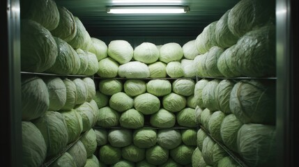 Obraz premium Fresh Green Cabbage Heads Stacked Neatly in a Storage Container for Efficient Food Preservation and Distribution