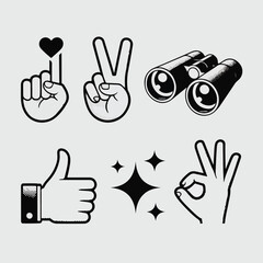 Vintage Halftone Monochrome Hand Gesture & Symbol Icon Set