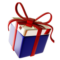 3D Rendered Luxury Red and Gold Gift Box. Shiny Metallic Present with Large Gold Ribbon and Bow for Holiday Celebration, Premium Event, and Marketing Promotion.