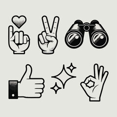 Vintage Halftone Monochrome Hand Gesture & Symbol Icon Set