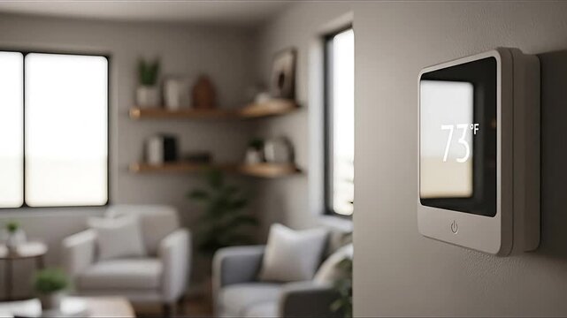 Smart Home Thermostat Displaying 71 Degrees Fahrenheit Modern Interior Living Room Comfort
