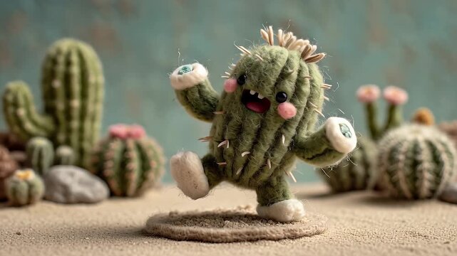 Cartoon cactus character dancing with desert background