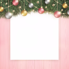 光輝くクリスマスツリーと、ピンクの木目の背景に白無地のボード