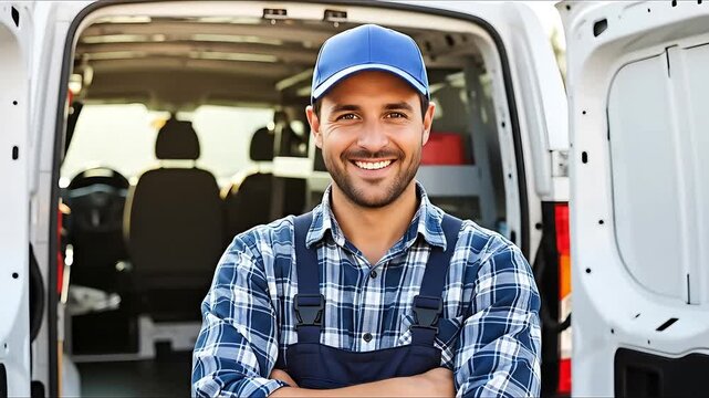 Smiling tradesman in blue plaid shirt and overalls standing confidently arms crossed