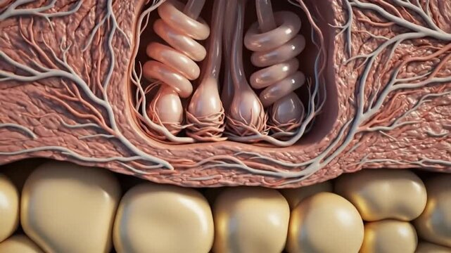 Detailed 3D anatomical illustration showing a cross-section of oral tissue with teeth, gums, and complex sensory nerve structures or glands.