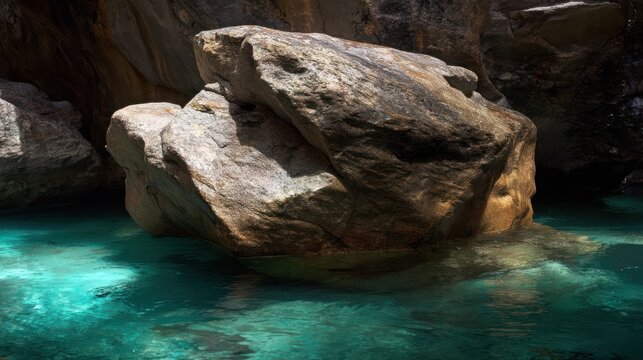 A massive weathered boulder resting at the bottom of a clear, deep pool. travel magazines, destination branding, wall prints, designed for travel destination branding, used by teachers.