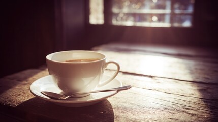 The coffee cup is placed on a simple wooden table, bathed in the warm morning sun that pours through the window. Beverage menu, designed specifically for dining menus and coffee shop brands.