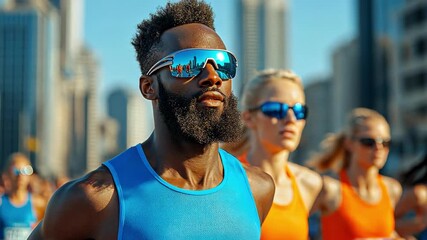 Determined marathon runners racing through a city street on a sunny day. - Powered by Adobe