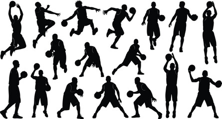 Set of Basketball Players Silhouettes Poses Jumping Shooting Dribbling Passing Playing Action Sports Activity Team Game Competition Vector Illustration Icon