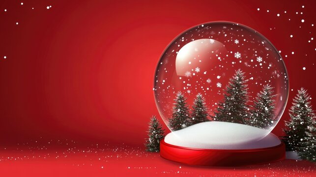 Christmas glass snow globe empty stands on the snow with fir trees. Red background with realistic 3d transparent snow ball. Xmas platform podium. Holiday banner and poster