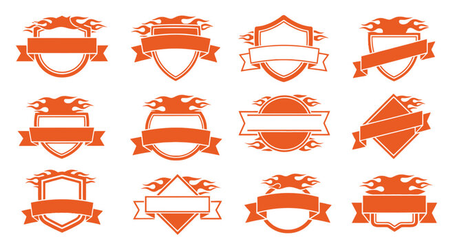 Orange flame shield badge vector set design template collection - Powered by Adobe