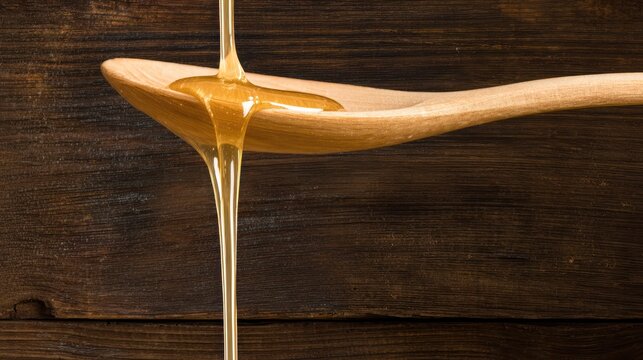 Viscous amber honey flowing off a wooden spoon, captured over a soft natural wood surface for recipe cards and culinary visuals.