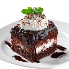 Decadent Slice of Rich Chocolate Cake Drizzled with Chocolate Isolated transparent on white background