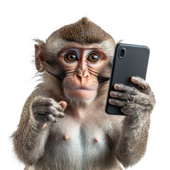 Monkey taking a selfie with a phone on transparent background.