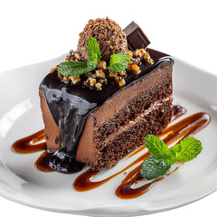 Decadent Slice of Rich Chocolate Cake Drizzled with Chocolate Isolated transparent on white background