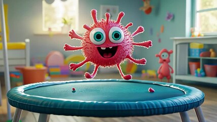 Cartoon virus character jumping on a trampoline in a playroom, happy and playful. - Powered by Adobe