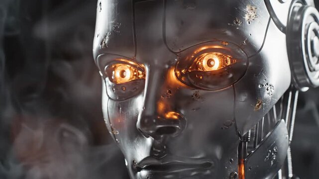 Close-up of a metallic robot face with bright, glowing orange eyes, set against a hazy, smoky background
