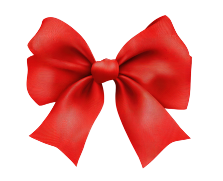 A vibrant, glossy red bow, detailed with folds and shine
