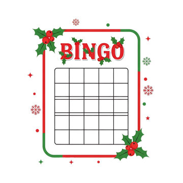 Holiday bingo card decorated with holly and festive borders.