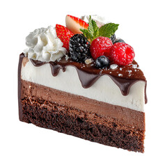 Decadent Slice of Rich Chocolate Cake Drizzled with Chocolate Isolated transparent on white background