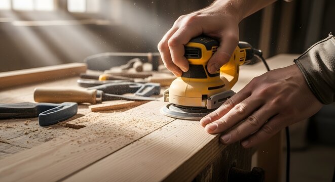 A craftsman's hands use a yellow power sander to smooth a wooden plank in a sunlit workshop.