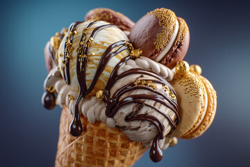 Delicious ice cream scoops on waffle cone.