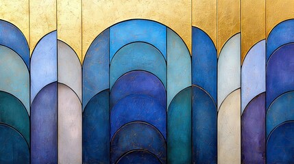 A decorative, abstract artwork featuring a repeating geometric pattern of blue and gold arches, reminiscent of Art Deco style.