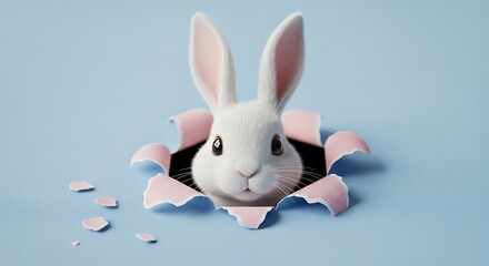3D Illustration of a White Rabbit Emerging from a Ripped Hole