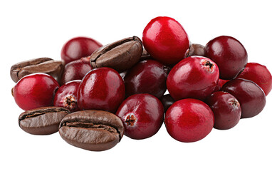 Pile of red berries and roasted coffee beans