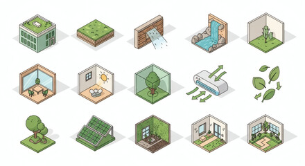 Fototapeta premium Collection of Isometric Icons Illustrating Green Building, Sustainable Architecture, and Eco-Friendly Living Concepts for Modern Design