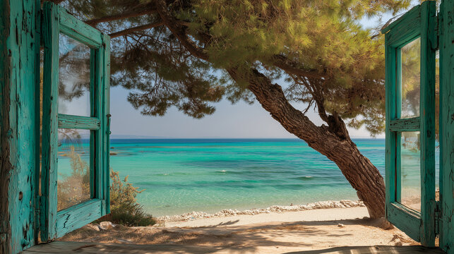 Fototapeta Blue ocean landscape seen from open window