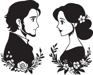Beautiful vintage man and woman portrait silhouettes surrounded by blooming flowers on white background