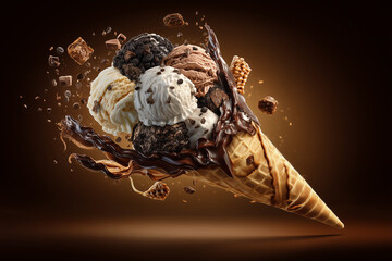 Delicious ice cream scoops on waffle cone.