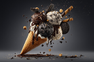 Delicious ice cream scoops on waffle cone.